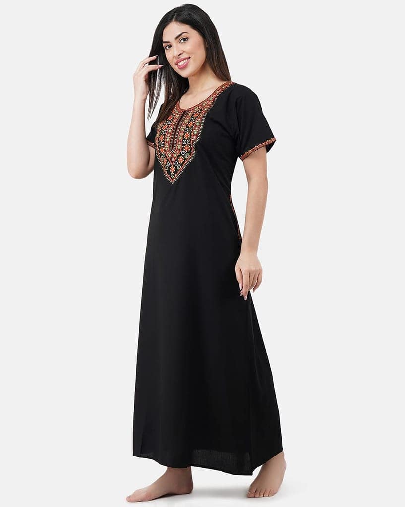 KOI SLEEPWEAR Premium Women Embroidery Night Gown Lizzybizzy with Mirror Work Cotton Nighty Maxi (X-Large, Black)� view 2