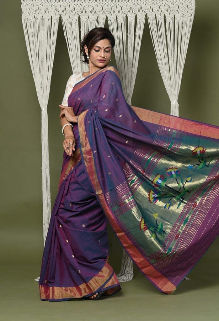 EXCLUSIVE! Handloom Pure Cotton Paithani With Lotus Pallu~ Dark Violet
