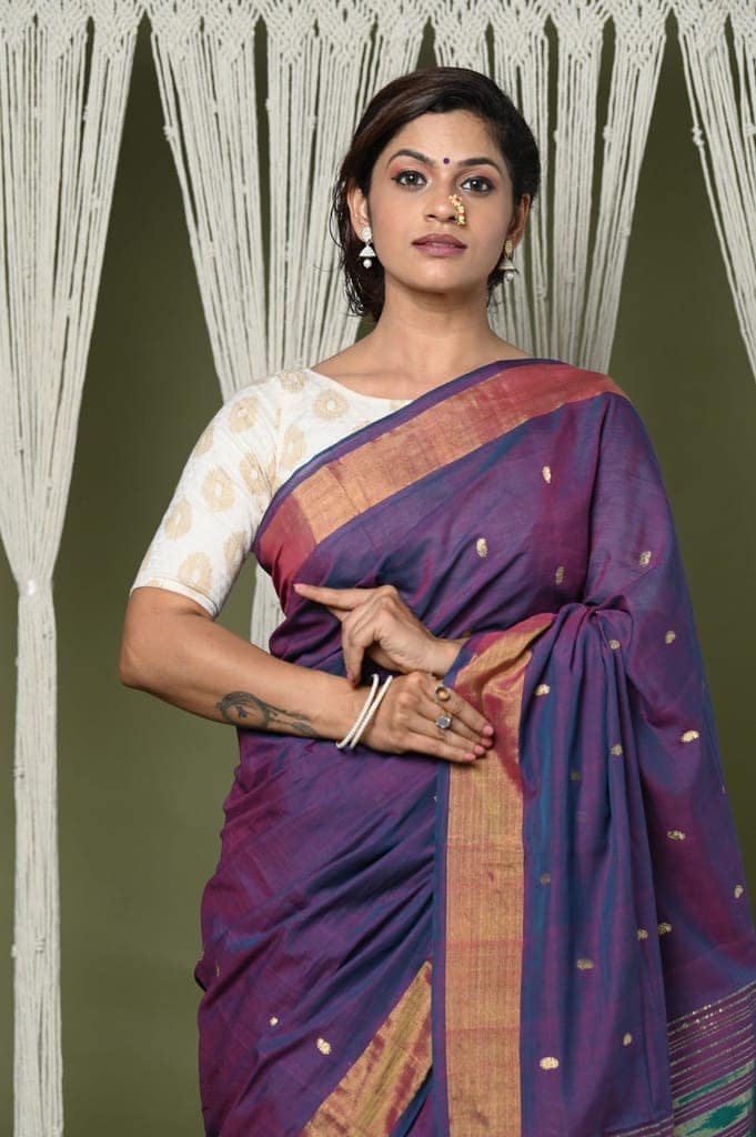 EXCLUSIVE! Handloom Pure Cotton Paithani With Lotus Pallu~ Dark Violet view 3