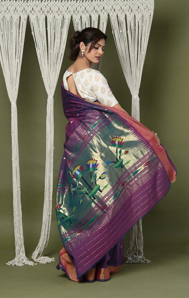 EXCLUSIVE! Handloom Pure Cotton Paithani With Lotus Pallu~ Dark Violet view 4