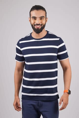 Men's Navy Striped Crew Neck T-Shirt