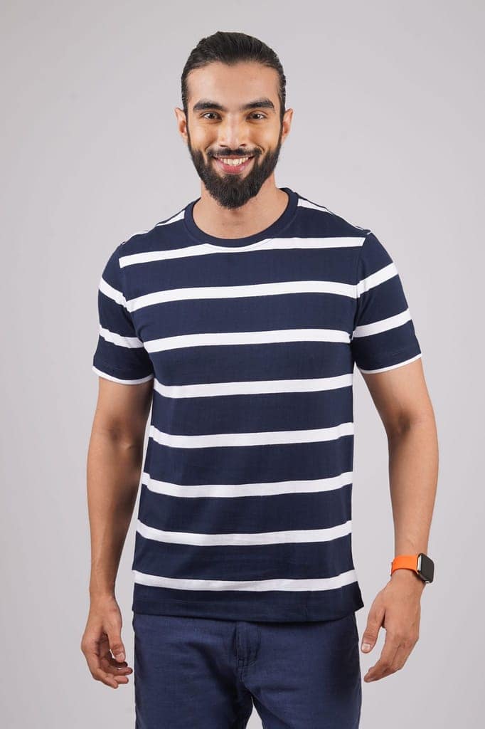 Men's Navy Striped Crew Neck T-Shirt