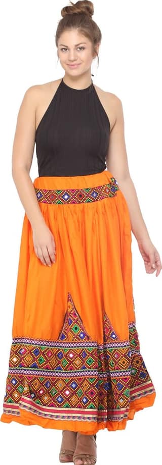Vibrant-Orange Ghagra Skirt from Kutch with Multicolor Thread Embroidered Patch Border and Mirrors