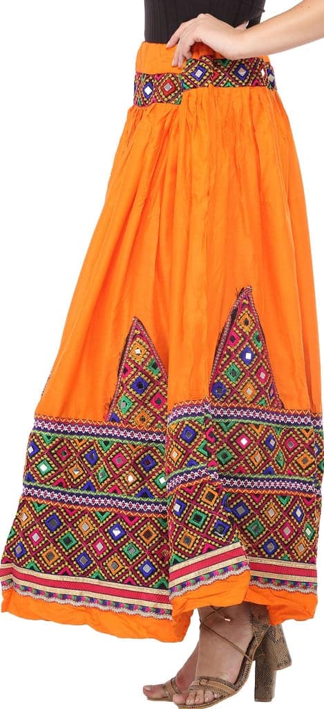Vibrant-Orange Ghagra Skirt from Kutch with Multicolor Thread Embroidered Patch Border and Mirrors view 3