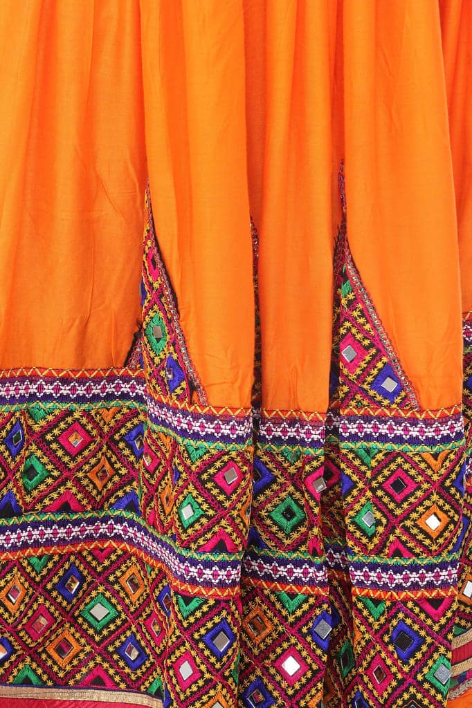 Vibrant-Orange Ghagra Skirt from Kutch with Multicolor Thread Embroidered Patch Border and Mirrors view 5