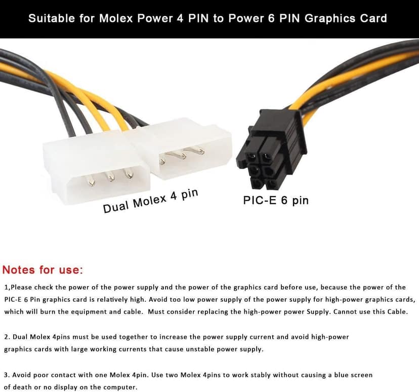 PCI Express 6 Pin to Dual 4 Pin Molex LP4 Power Cable Adapter Video Graphics Card Power Cable view 8