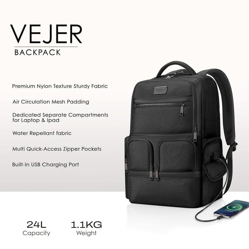 RARE RABBIT VEJER Nylon Texture Backpack, USB Charging Port, Water Repellent, 24L (Black) view 2