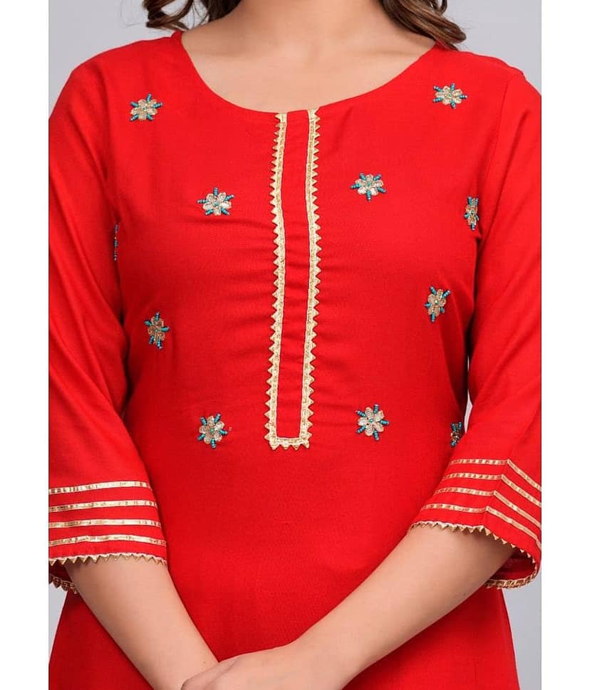 MAUKA Rayon Embroidered Straight Women's Kurti - Red ( Pack of 1 ) view 2