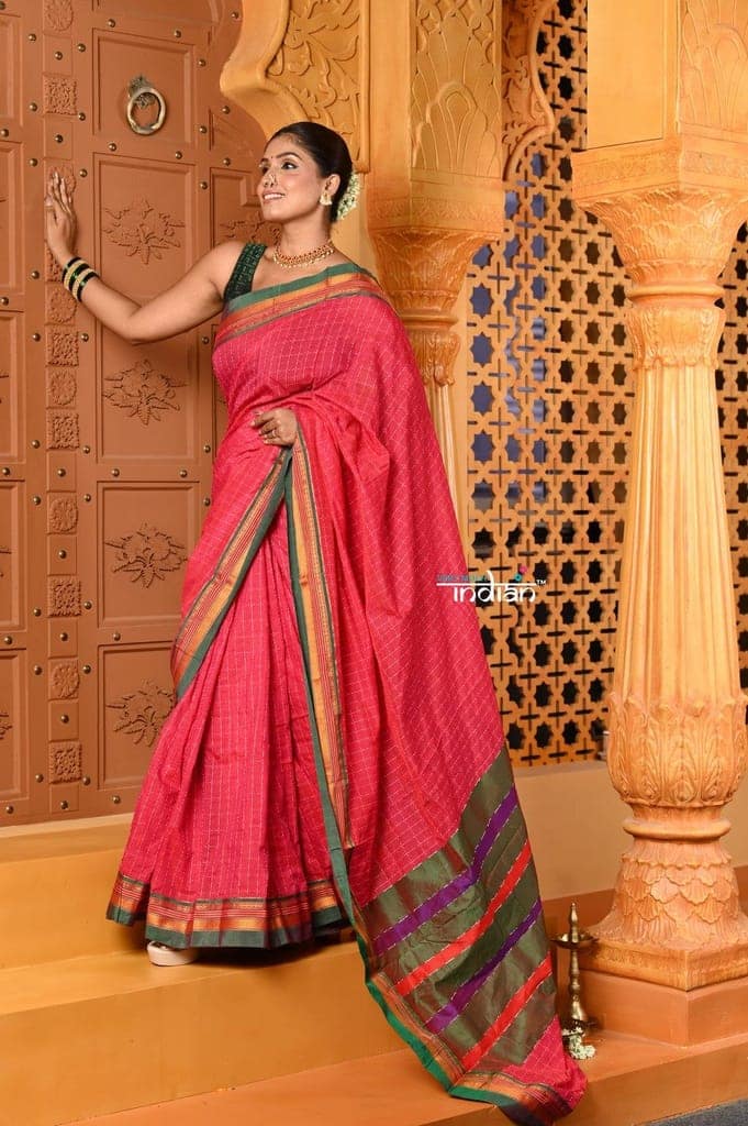 Shubh ~ Pure Cotton Saree in Regal Sapphire Pink with Exclusive Zari Green Border & Pallu view 2