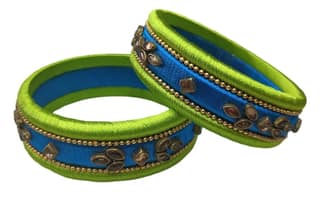 Green and Blue Silk Thread Bangle Set with Stone and Pearl Embellishment