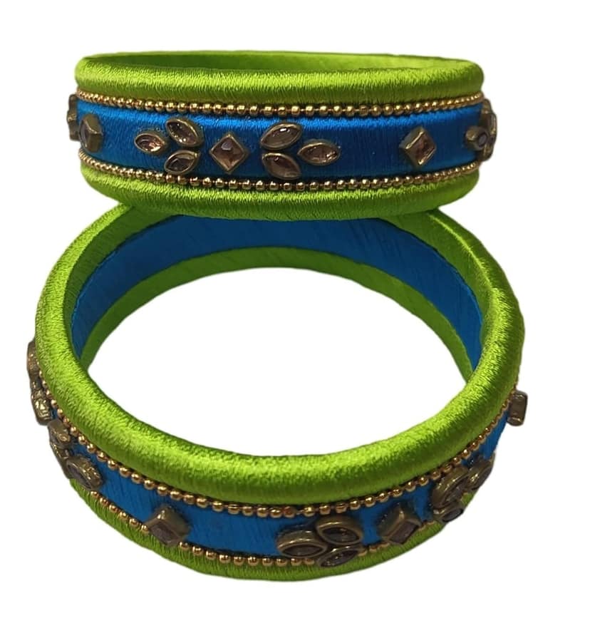 Green and Blue Silk Thread Bangle Set with Stone and Pearl Embellishment view 3