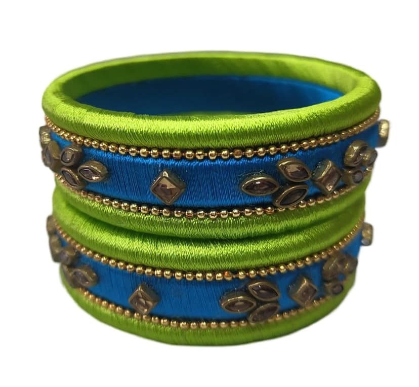 Green and Blue Silk Thread Bangle Set with Stone and Pearl Embellishment view 4