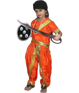 Kaku Fancy Dresses National Hero Jhasi Ki Rani Fancy Dress For Girls | Freedom Fighter Rani Laxmi Bai Costume For Independence Day & Republic Day -Orange, 5-6 Years, For Girls