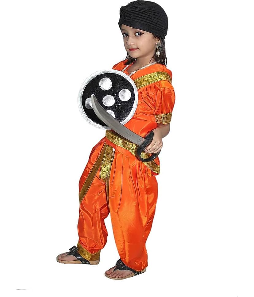 Kaku Fancy Dresses National Hero Jhasi Ki Rani Fancy Dress For Girls | Freedom Fighter Rani Laxmi Bai Costume For Independence Day & Republic Day -Orange, 5-6 Years, For Girls view 2