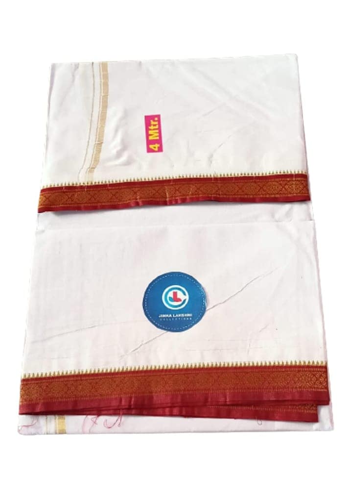 Jinka Lakshmi Collections Combo White Cotton Dhoti With Big Borders 4 Meters Unstitched Pack of 2 (Multicolor-7) view 5