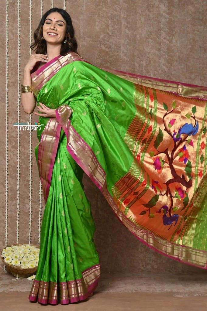 Bestseller Tyohaar ~ Handloom Pure Silk Paithani Saree with Exclusive Peacock Lotus Pallu ~ Leaf Green