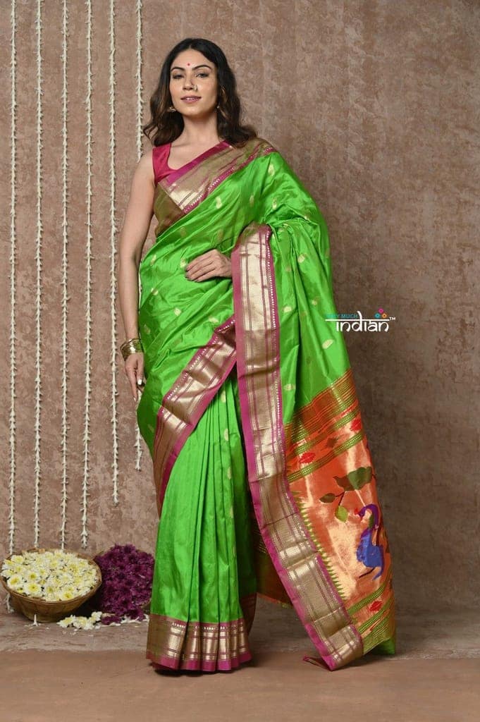 Bestseller Tyohaar ~ Handloom Pure Silk Paithani Saree with Exclusive Peacock Lotus Pallu ~ Leaf Green view 2