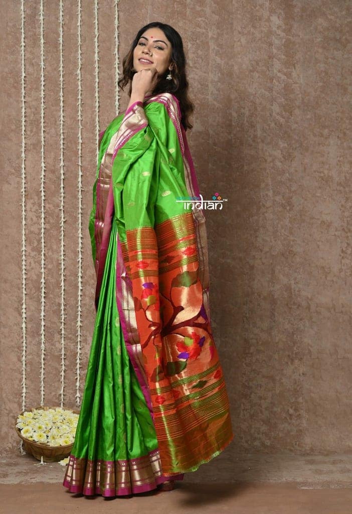 Bestseller Tyohaar ~ Handloom Pure Silk Paithani Saree with Exclusive Peacock Lotus Pallu ~ Leaf Green view 4