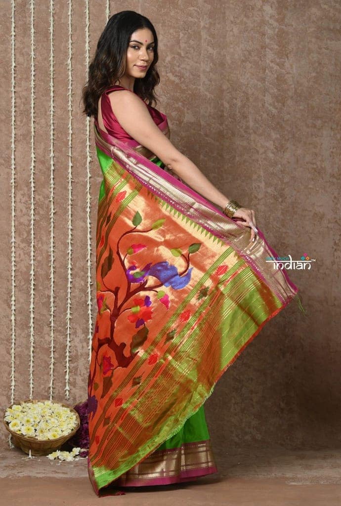 Bestseller Tyohaar ~ Handloom Pure Silk Paithani Saree with Exclusive Peacock Lotus Pallu ~ Leaf Green view 5