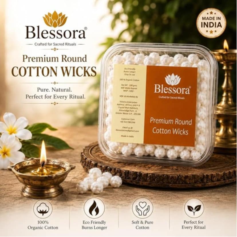 Round Cotton Wicks Diya Batti - White Phool Rui for Pooja | Long Lasting Aarti Use | Temple Daily Worship (Pack of 600 Pcs) view 7