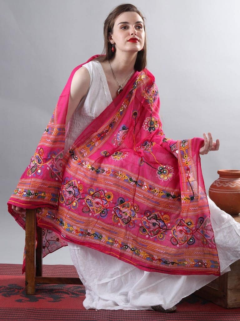 Fuchsia Printed Dupatta from Kutch with Hand-Embroidered Florals and Mirrors view 3