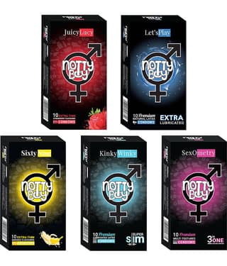 NottyBoy Family Combo Pack 3 IN 1, Ribbed, Extra Lubricated, Ultra Thin, Strawberry & Banana Flavoured Condoms - 50 Units