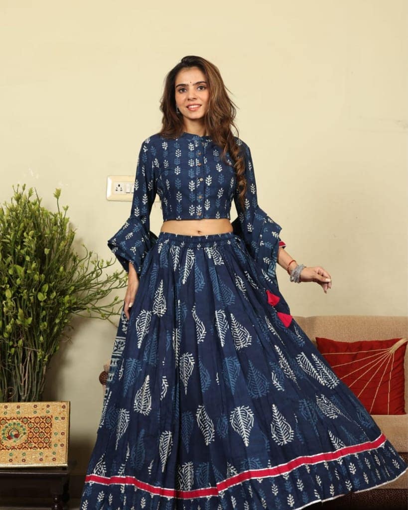 Handblock Printed Cotton Lehanga And Top With Mulmul Dupatta (Size 34-46) Blue Color-2860
