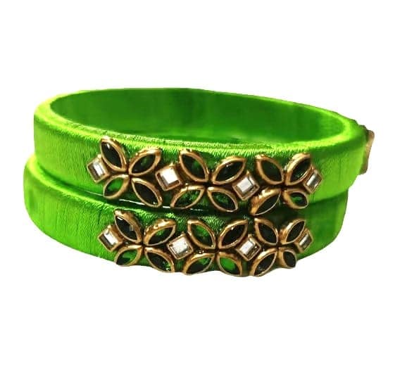 Vibrant Green Silk Thread Bangle Set with Floral Stone Work view 3