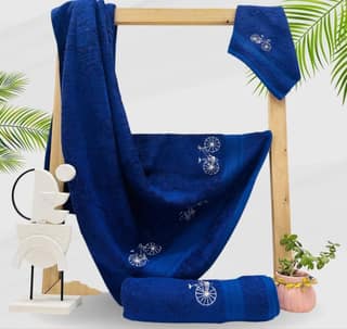 Mrijaa Luxury Bamboo Bath Towel Set, Navy Blue, 600 GSM, Majestic Bloom, 3 Pieces Set (Bath Towel-70x150 cm, Hand Towel-40x60 cm, Face Towel-30x30 cm)