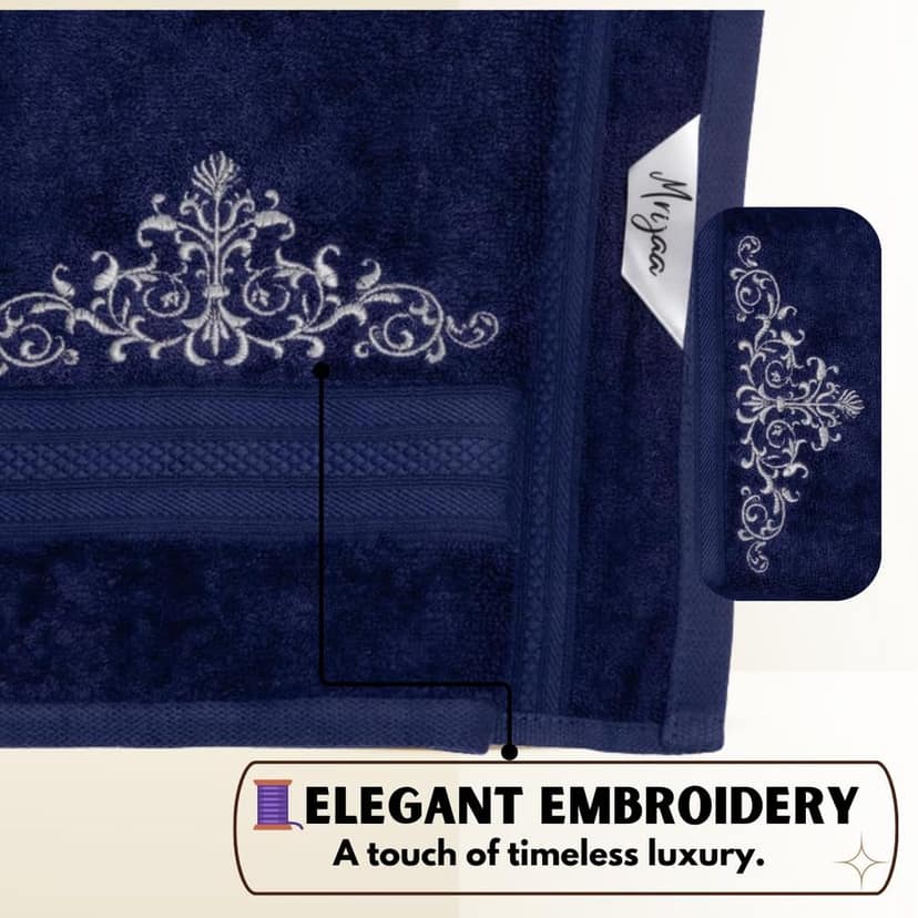 Mrijaa Luxury Bamboo Bath Towel Set, Navy Blue, 600 GSM, Majestic Bloom, 3 Pieces Set (Bath Towel-70x150 cm, Hand Towel-40x60 cm, Face Towel-30x30 cm) view 2