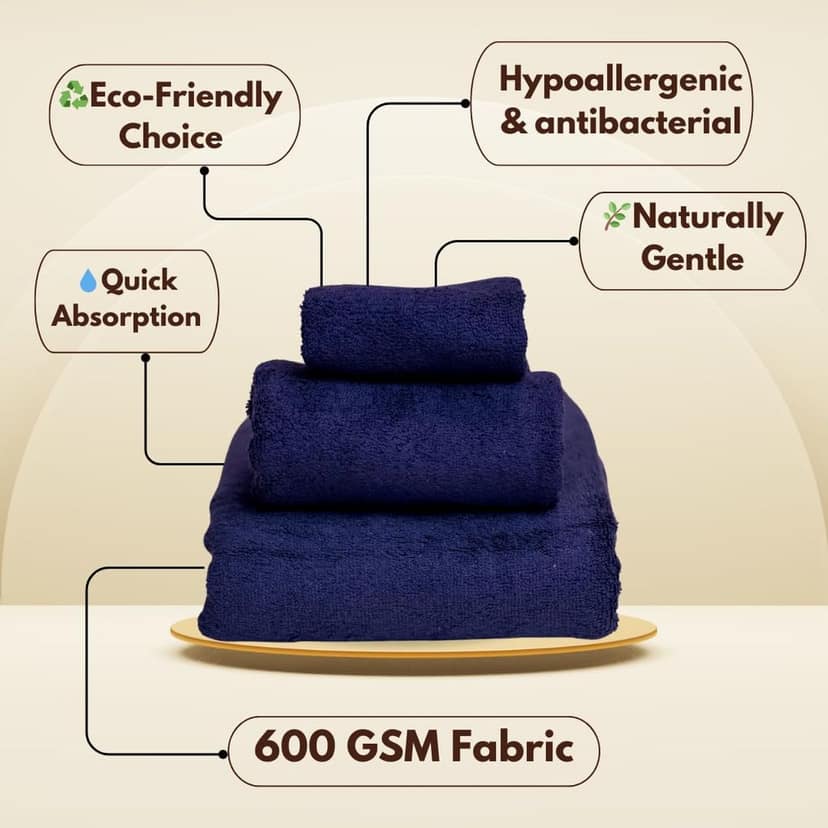Mrijaa Luxury Bamboo Bath Towel Set, Navy Blue, 600 GSM, Majestic Bloom, 3 Pieces Set (Bath Towel-70x150 cm, Hand Towel-40x60 cm, Face Towel-30x30 cm) view 3