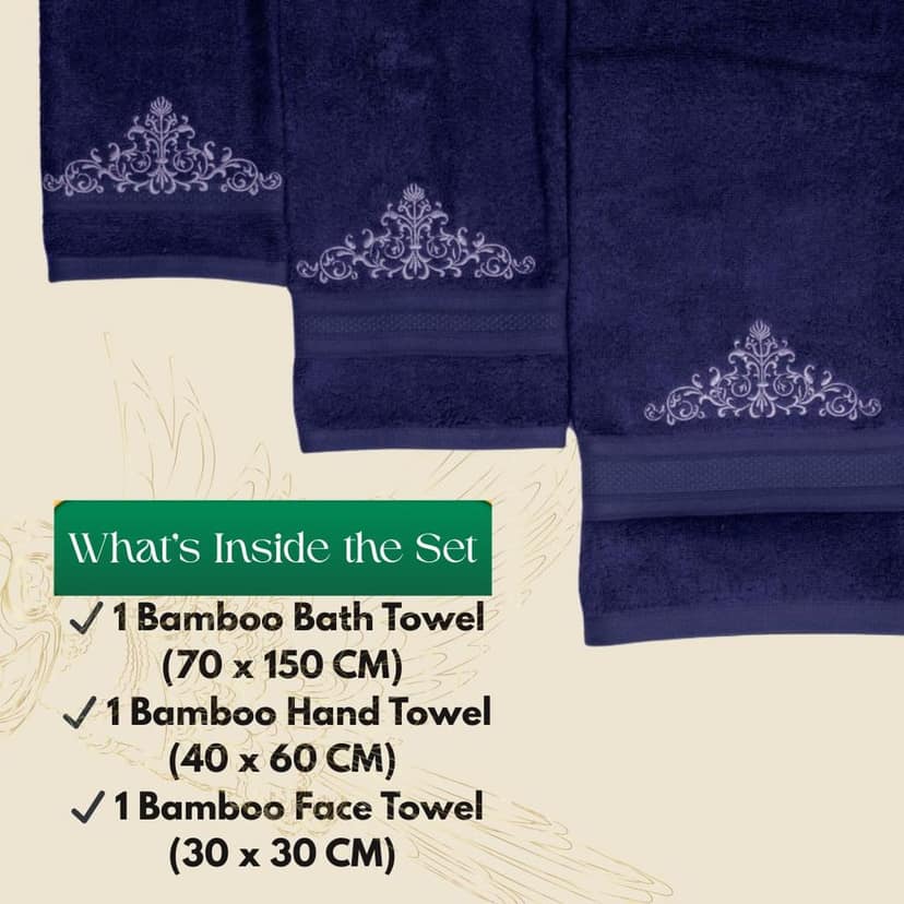 Mrijaa Luxury Bamboo Bath Towel Set, Navy Blue, 600 GSM, Majestic Bloom, 3 Pieces Set (Bath Towel-70x150 cm, Hand Towel-40x60 cm, Face Towel-30x30 cm) view 4