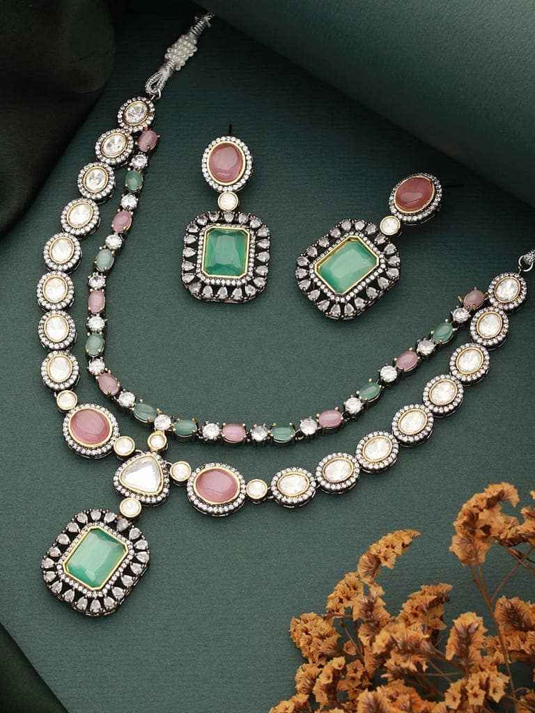 Gold Toned Pink & Mint Kundan Studded Double Lined Bridal Jewellery Set view 2