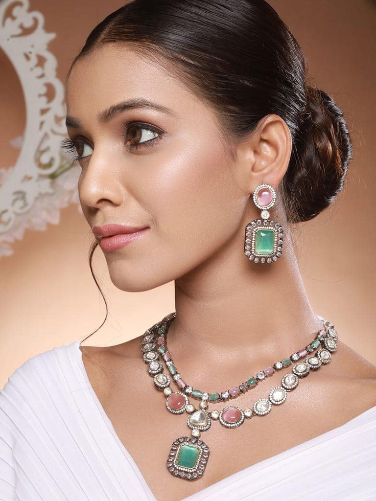 Gold Toned Pink & Mint Kundan Studded Double Lined Bridal Jewellery Set view 3