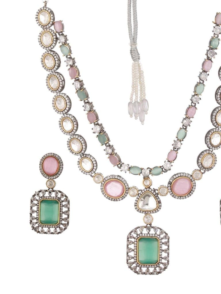 Gold Toned Pink & Mint Kundan Studded Double Lined Bridal Jewellery Set view 4