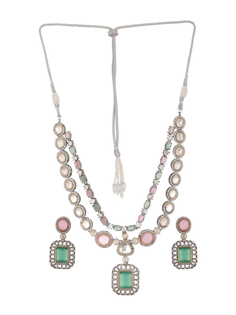 Gold Toned Pink & Mint Kundan Studded Double Lined Bridal Jewellery Set view 5