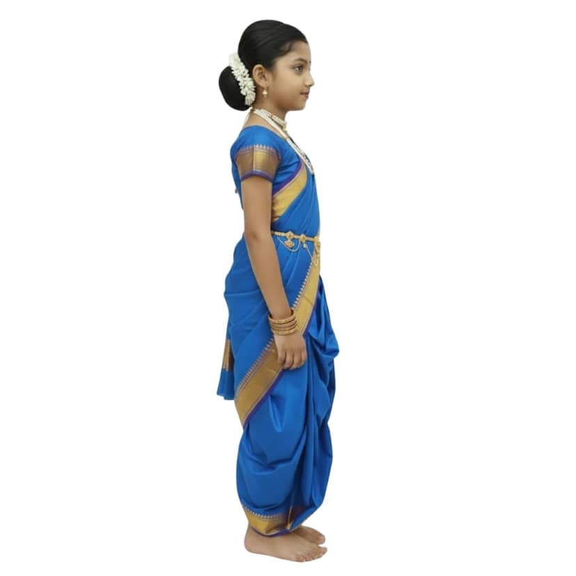 Mom and Me Peshwai Nauwari Saree for Kids (1–10 Years) Ready to Wear Maharashtrian Traditional Dress | Belgaon Silk with Cotton Lining | Stitched Blouse Included (Sky Blue, 14-15 Years) view 2