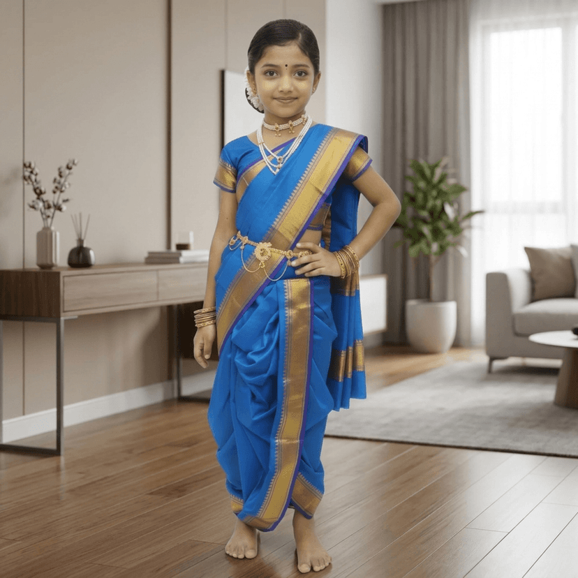 Mom and Me Peshwai Nauwari Saree for Kids (1–10 Years) Ready to Wear Maharashtrian Traditional Dress | Belgaon Silk with Cotton Lining | Stitched Blouse Included (Sky Blue, 14-15 Years) view 3