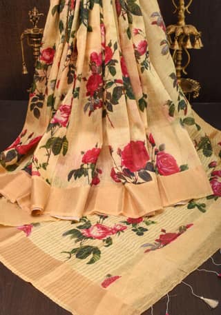 Cream Silk Linen Saree with Floral Digital Print