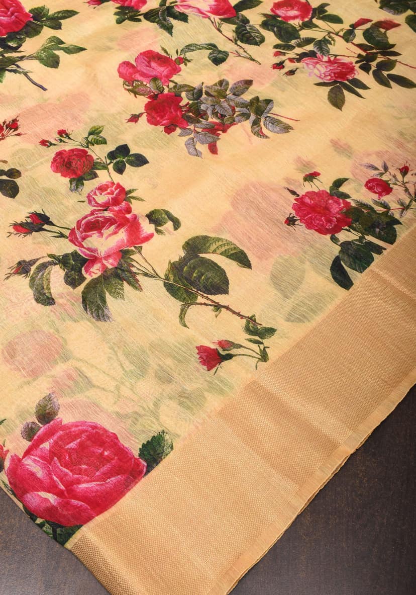 Cream Silk Linen Saree with Floral Digital Print view 3