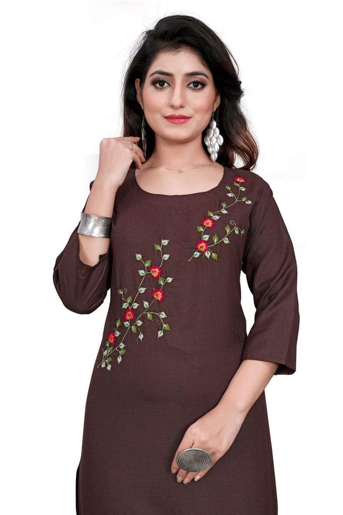 STYLEOO Ruby Slub 3/4 Sleeves Embroidered Kurti for Women's Combo Pack (RED and Brown) (M, L, XL, XXL) view 3