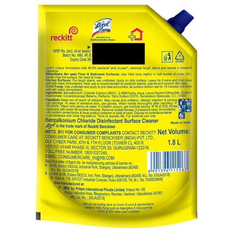 Lizol Disinfectant Floor Cleaner Refill Pack, Citrus - 1800 ml view 2