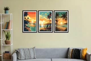 SET OF 3 BEACH SUNSET WALLART PRINTS 48in X 24in WITH BLACK FRAME
