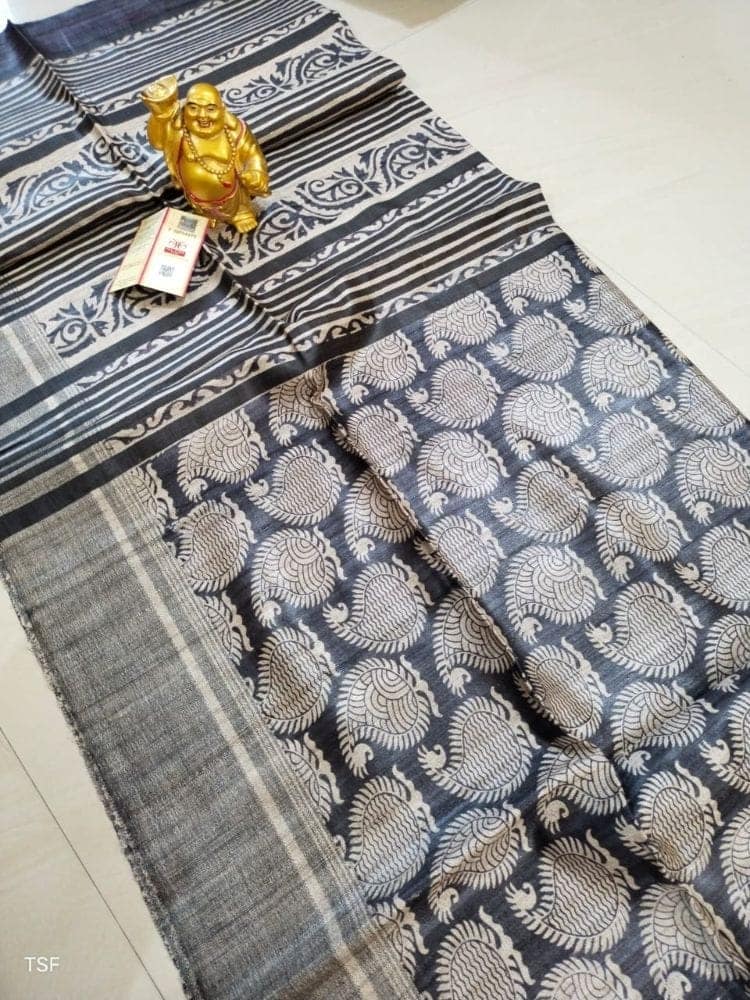 Silkmark Certified Tussar Silk Handloom Handblock Printed Black Saree with Blouse-4071