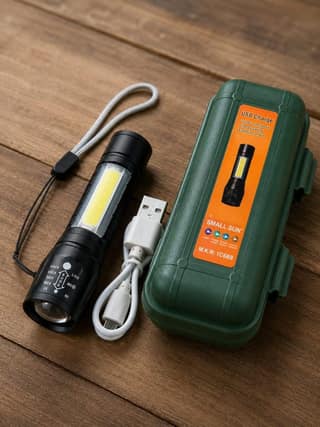 echargeable LED Flashlight Torch with COB Side Light, USB Charging, Portable Mini Torch with Carrying Case