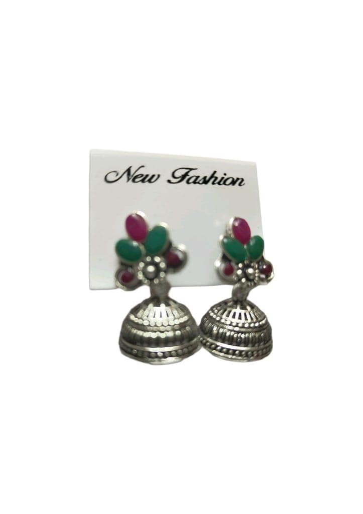 New Fashion Oxidized Silver Plated Green & Pink Stone Jhumki Earrings For Women And Girls view 2