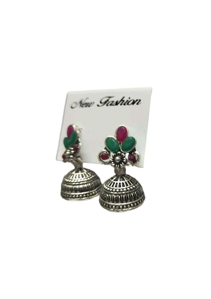New Fashion Oxidized Silver Plated Green & Pink Stone Jhumki Earrings For Women And Girls view 3