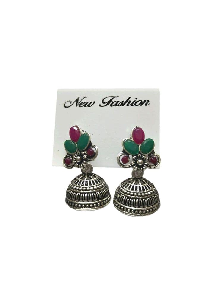 New Fashion Oxidized Silver Plated Green & Pink Stone Jhumki Earrings For Women And Girls view 4