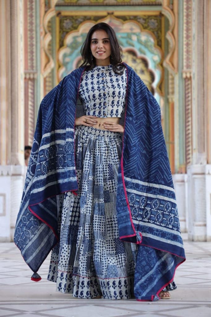 Cotton Lehanga Handblock Printed Light Periwinkle Blue Color and Top With Mulmul Dupatta (Size 34-46)-6077 view 3