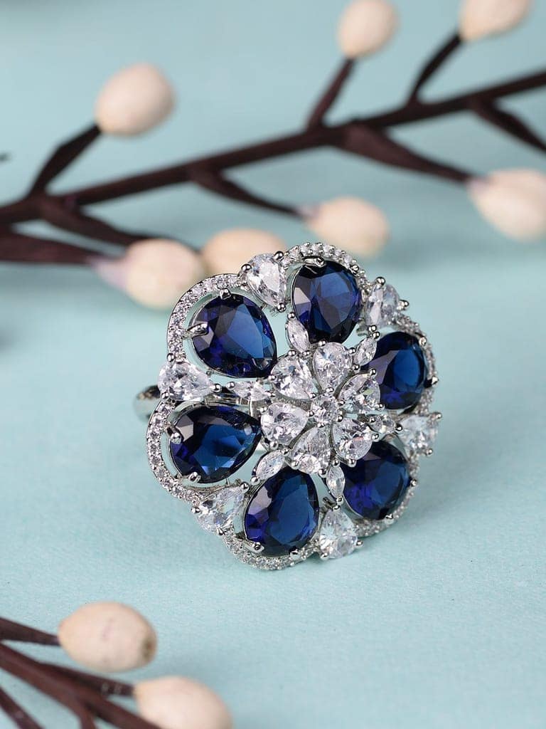 Silver Rhodium Blue AD Studded Adjustable Finger Ring view 2